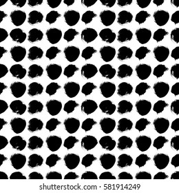 Vector seamless pattern with hand painted circles. Black and white doodle. Grungy background. Abstract monochrome brush strokes. Polka dot.