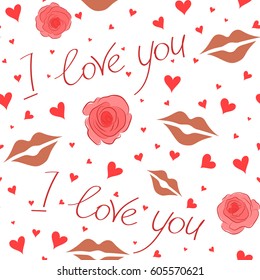 Vector seamless pattern hand painted concept with hearts, flower, love label in orange colors. On a white background metaphor to Valentines day, romantic, art feeling.