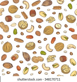 Vector seamless pattern hand sketched nuts on white background in hand drawn style: hazelnut, almonds, peanuts, walnut, cashew, pine nut, pistachios, coconut, pecan