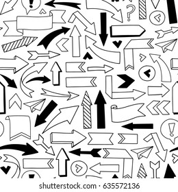 Vector Seamless pattern. Hand sketched illustrations - arrows. Sketch. Black design elements on a white background. Perfect for advertising and business presentations, cards, blogs, posters etc.