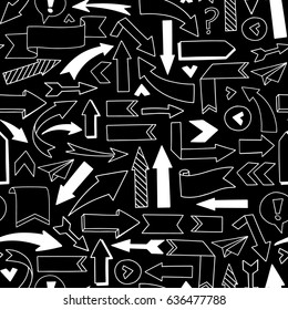 Vector Seamless pattern. Hand sketched illustrations - arrows. Sketch. white design elements on a black background. Perfect for advertising and business presentations, cards, blogs, posters etc.