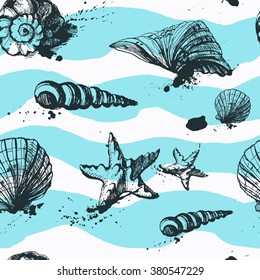 Vector seamless pattern with hand written sea shells and sea waves. Sketch illustration for sea design.