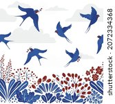 Vector seamless pattern with hand-draw birds. Border pattern with swallows, berries and flowers in classic blue red white colors.