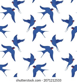 Vector seamless pattern with hand-draw birds. Pattern with swallows in classic blue red white colors. Simple and elegant pattern on white background.