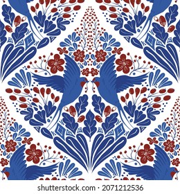 Vector seamless pattern with hand-draw birds. Symmetrical pattern with swallows, berries and flowers in classic blue red white colors.