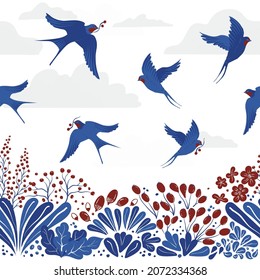 Vector seamless pattern with hand-draw birds. Border pattern with swallows, berries and flowers in classic blue red white colors.