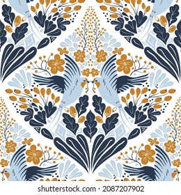 Vector seamless pattern with hand-draw birds. Symmetrical pattern with swallows, berries and flowers in yellow and blue colors.