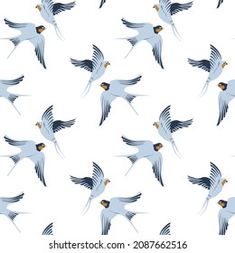 Vector seamless pattern with hand-draw birds. Pattern with swallows in classic blue white colors. Simple and elegant pattern on white background.