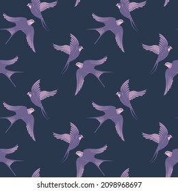 Vector seamless pattern with hand-draw birds. Pattern with swallows in purple colors. Simple and elegant pattern on navy blue background.