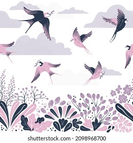 Patrón vectorial sin fisuras con aves dibujadas a mano. Patrón fronterizo con golondrinas, bayas y flores.