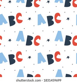 Vector seamless pattern of handdrawn abc or alphabet with stars on white background. Concept for kids textile design