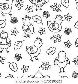 Vector seamless pattern with hand-drawn abstract funny chickens and birds. Doodle illustration. Coloring page for children and adults.