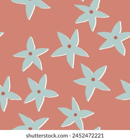 Vector seamless pattern with hand-drawn abstract blue flowers on a red background