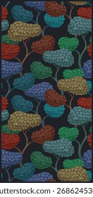 Vector seamless pattern of hand-drawn abstract foliage with colorful layered leaves on dark background. Perfect for fabric, wallpaper, and surface design.

