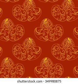 Vector seamless pattern. Hand-drawn abstract decorative golden Easter eggs. Red background. For backdrop, fabric, wallpaper, wrapping, spring holiday design. Eps 8.
