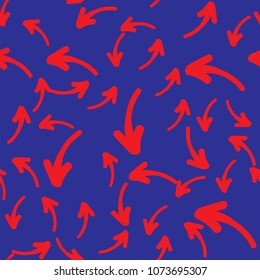 Vector seamless pattern with hand-drawn arrows on blue background. Seamless background with red arrows.