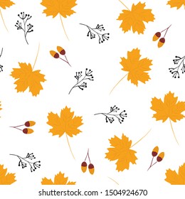 Vector, seamless pattern with  hand-drawn  autumn yellow maple leaves and acorns, autumn mood, harvest