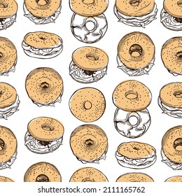 Vector seamless pattern  with hand-drawn bagels. Sketch  illustration.