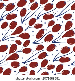 Vector seamless pattern with hand-drawn berries. Pattern in classic blue red white color composition. Fresh and vibrant.