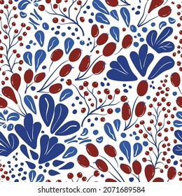 Vector seamless pattern with hand-drawn berries and leaves. Pattern in classic blue red white color composition. Fresh and vibrant.