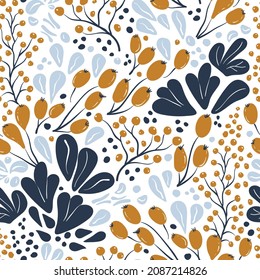 Vector seamless pattern with hand-drawn berries and leaves. Pattern in blue yellow color composition. Fresh and vibrant.