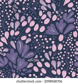 Vector seamless pattern with hand-drawn berries and leaves. Pattern in purple and pink color composition. Fresh and vibrant.