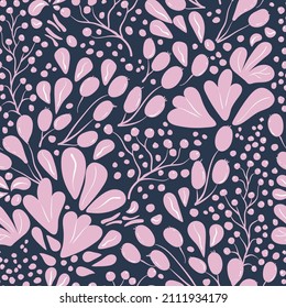Vector seamless pattern with hand-drawn berries and leaves. Pattern in purple and pink color composition. Fresh and vibrant.