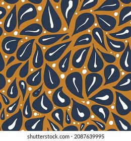 Vector seamless pattern with hand-drawn berries-dots and leaves. Pattern in navy blue and dessert yellow color composition.