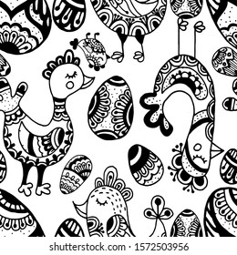 Vector seamless pattern. Hand-drawn birds. Chicken in the ornaments. Ideal for paper, gift and textile products.