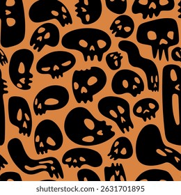 Vector seamless pattern of hand-drawn black skulls on orange background. Unique spooky Halloween design perfect for textile, packaging, and decor