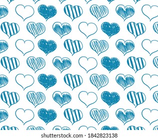 vector seamless pattern of hand-drawn blue hearts