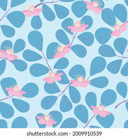 Vector seamless pattern with hand-drawn branches and flowers on a blue background. Pink flowers with stamens and birch branches with veins. Pattern for printing on fabric, paper. Ideal for wallpaper. 