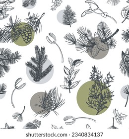 Vector  seamless pattern with hand-drawn branches and cones of coniferous trees. Christmas plants. 