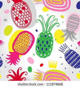 Vector seamless pattern with hand-drawn bright pineapples