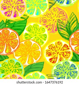 Vector seamless pattern of hand-drawn bright surreal slices of lemons with leaves on a yellow background.
