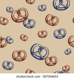 Vector seamless pattern with hand-drawn brown and blue pretzels. Traditional Oktoberfest snack. Oktoberfest celebration design.