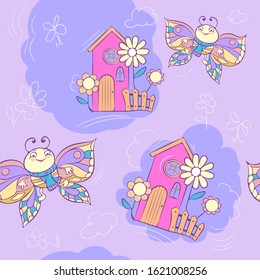 Vector seamless pattern with hand-drawn  butterfly and house