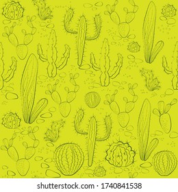 Vector seamless pattern with hand-drawn cactus. Mexican style design with desert succulent. Abstract seamless pattern for wrapping paper design.