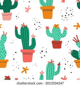 Vector seamless pattern with hand-drawn cactuses in pots and dots  isoleted on white background. Cacti print for wallpaper, gift paper, textile, fabric, wrapping, stationery and summer greetings.