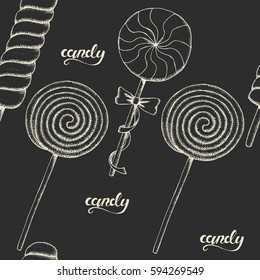 Vector seamless pattern with hand-drawn candies on black. Sweet background. Desert. Sketch. Lettering