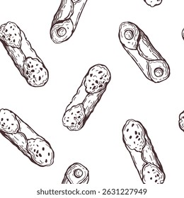  Vector  seamless pattern with hand-drawn cannoli,  Italian dessert. 