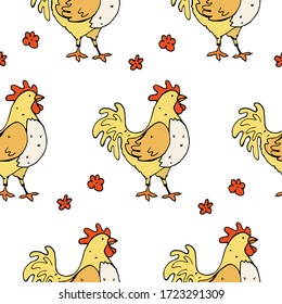 vector seamless pattern with hand-drawn cartoon roosters and flowers on a white background. it can be used as Wallpaper, background, print, textile design, notebooks, phone cases, packaging paper.