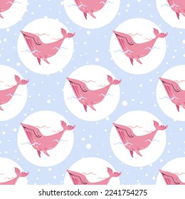 Vector Seamless Pattern with Hand-Drawn Cartoon Cute Pink Whales, Waves and Bubbles on a blue background. Print with Ocean Animals, Trendy Wallpaper, Unusual Children's Design.