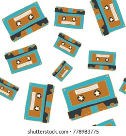 Vector seamless pattern with hand-drawn cassette