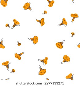 Vector seamless pattern, hand-drawn, with chanterelle isolated on a white background. Endless texture with forest mushrooms in sketch style.
