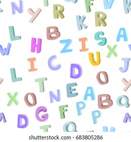 Vector seamless pattern of hand-drawn children's alphabet. 3D doodle letters. ABC font background illustration for kids.