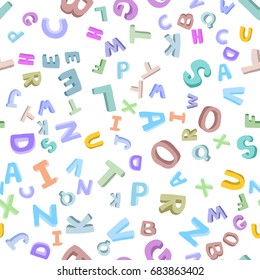 Vector seamless pattern of hand-drawn children's alphabet. 3D doodle letters. ABC font background illustration for kids.
