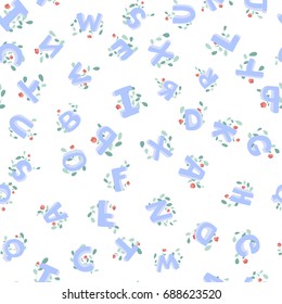 Vector seamless pattern of hand-drawn children's alphabet decorated with flowers. 3D doodle letters. ABC font background illustration for kids.