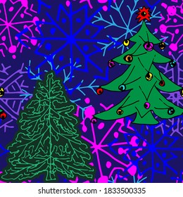 Vector seamless pattern with hand-drawn Christmas trees and snowflakes. Green, blue, lilac elements on a dark blue background.