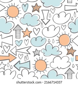 Vector seamless pattern with hand-drawn clouds.